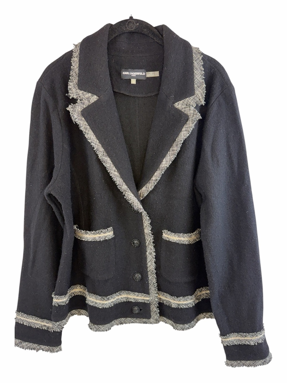Karl Lagerfeld Black Blazer with Light Gray Bouclé Trim sz L